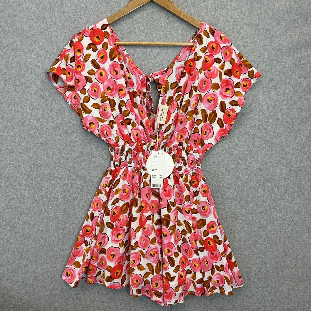 Kiss The Sky XS Floral Romper Pink Brown V-Neck Boho Indie Urban Outfitters NWT